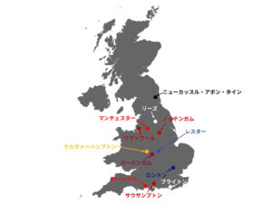 プレミアリーグ各チームの本拠地の地図